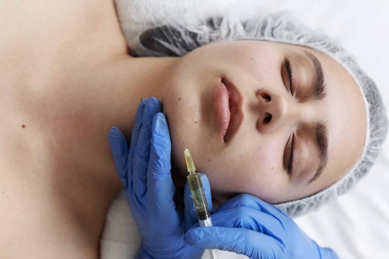 Flat lay woman getting face prp treatment min